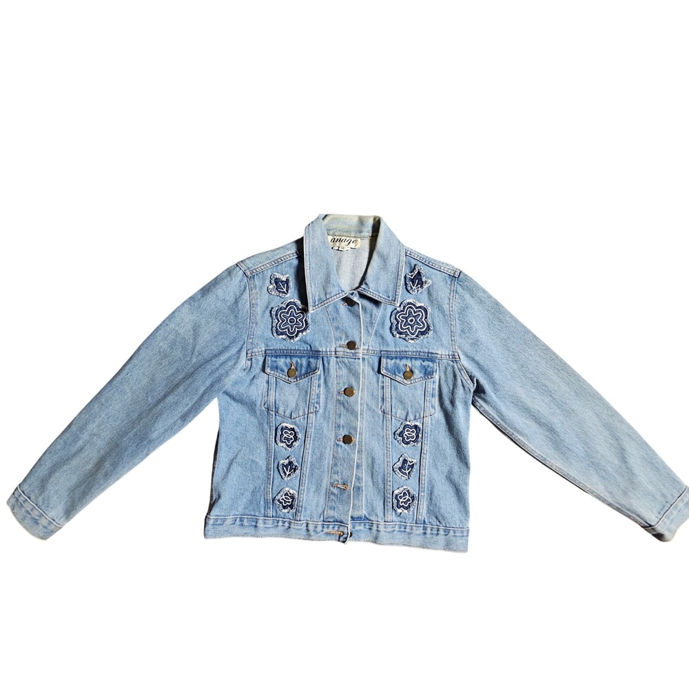 Vintage Anage Women‎ Floral Patchwork Denim Trucker Jacket M Boho Festival Y2K